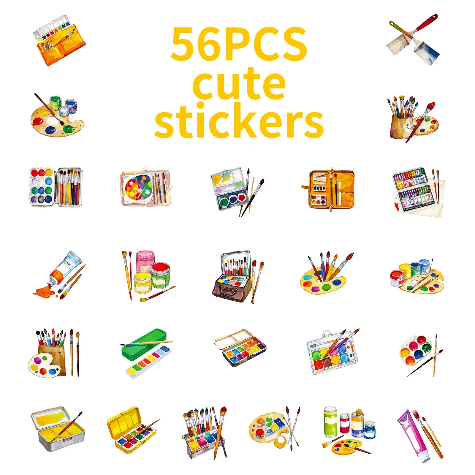 56PCS Set of Drawing Tools Doodle Stickers INS Style Paintbrush Palette Student Stationery Notebook Laptop Decorative Decals