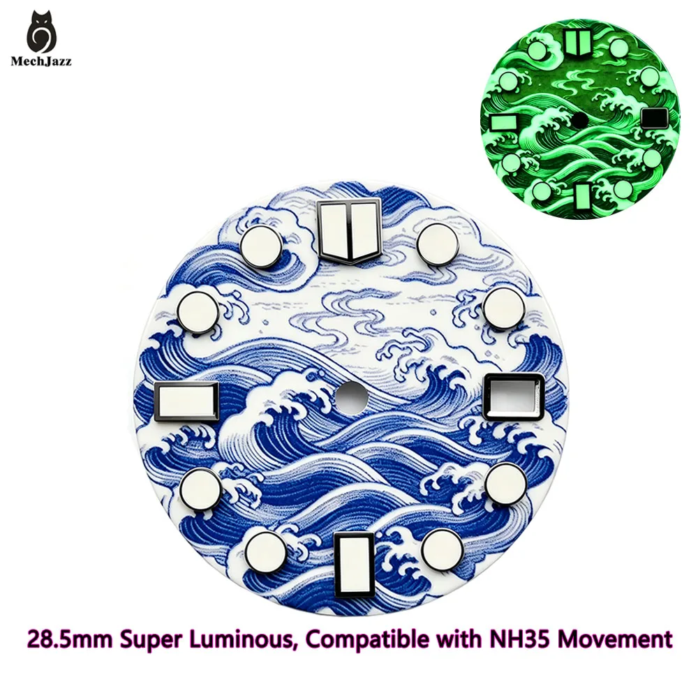 MechJazz 28.5mm Sea Wave Pattern Watch Dial, Super Luminous Dial, Compatible with NH35, NH36 Movement, Watch Modification Parts