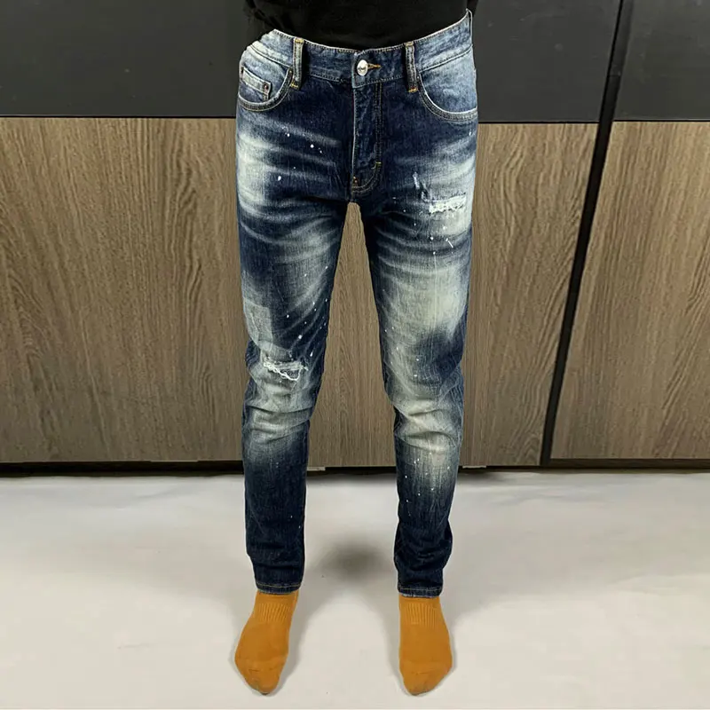 Designer Street Fashion Men's Jeans Retro Blue Stretch Tight Ripple Embroidered Jeans Hip Hop Brand Retro Pants Hombre