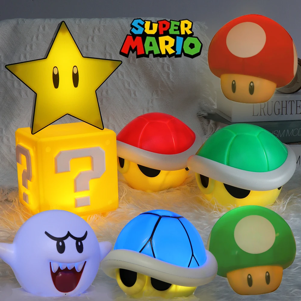 New Mario Sound Lamp Night Light Toy Mushroom Boo Star Yellow Square Question Mark Koopa Troopa Model Figures Game Statue Doll