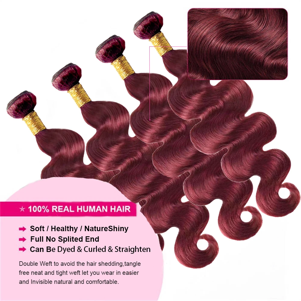 99J Body Wave Human Hair Bundles Red Burgundy Loosen Wave Human Hair Bundle 12A Hair Extensions 1/3 Bundles Wine Red 99J Bundles