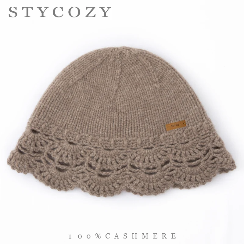 100% Cashmere Knitted Hat Women Scallop Edge Beanie Elegant Vintage Hollow Knit Bucket Cap Soft Warm Lady Hat Winter Daily Wear