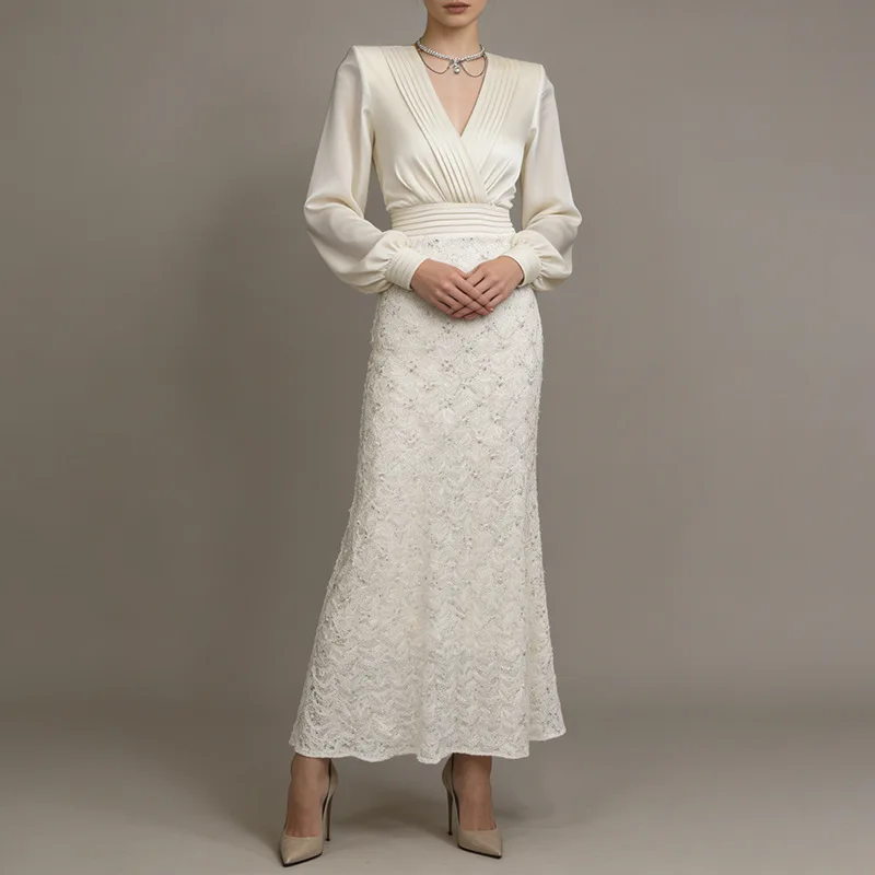 프랑스 우아한 사교계 여성용 이브닝 드레스 V넥 긴팔 패치워크 하이웨이스트 플래드 다이아몬드 롱 파티 드레스 여성 여름용