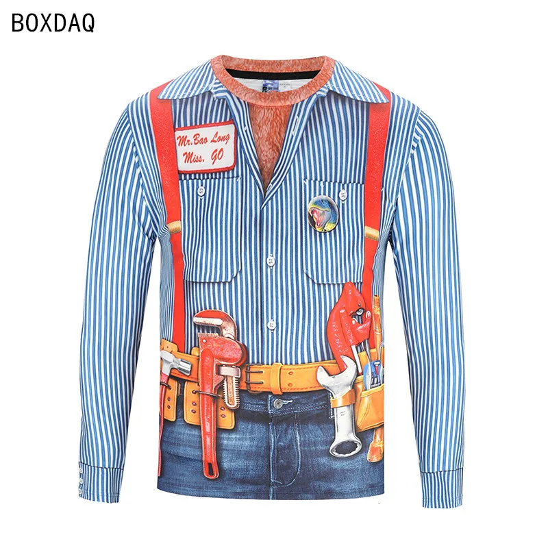 Men Fake Two-piece T-Shirts 3D Bow Tie Print Casual T Shirts Autumn Long Sleeve O-Neck Loose Cotton Tops Male Fake Suit Tshirt