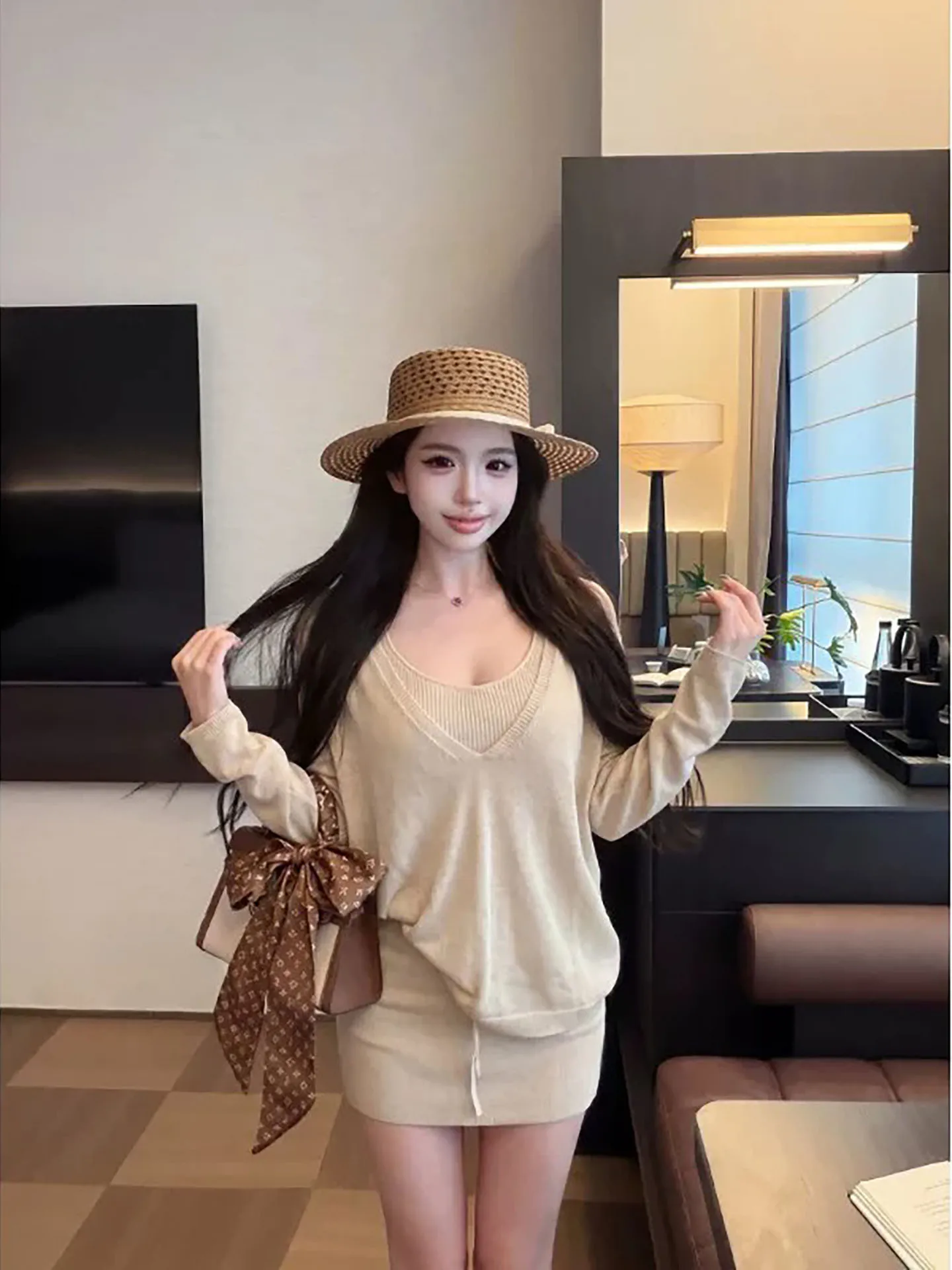Loose Feelings Summer Set Long Sleeve Cover up T-Shirt Women's High Waist  Skirt Brown Three Piece Set Casual Fashion