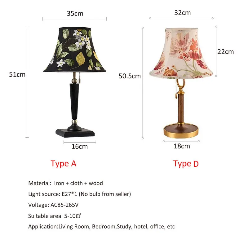 French Country Fabric Desk Lamp Living Room Study Office Retro Bedroom Bedside Lamp Simple