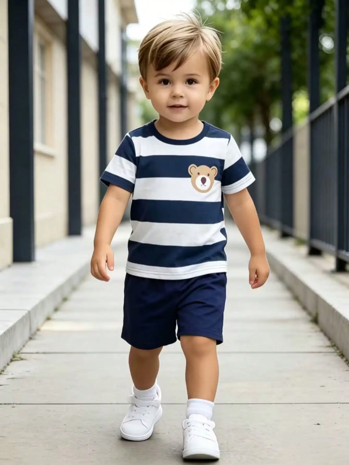 Kinder-Kleidungsset mit Teddybär-Muster und Farbblock-Design, Rundhals-Kurzarm-T-Shirt-Oberteil mit einfarbigem, elastischem Bund – Detail 3