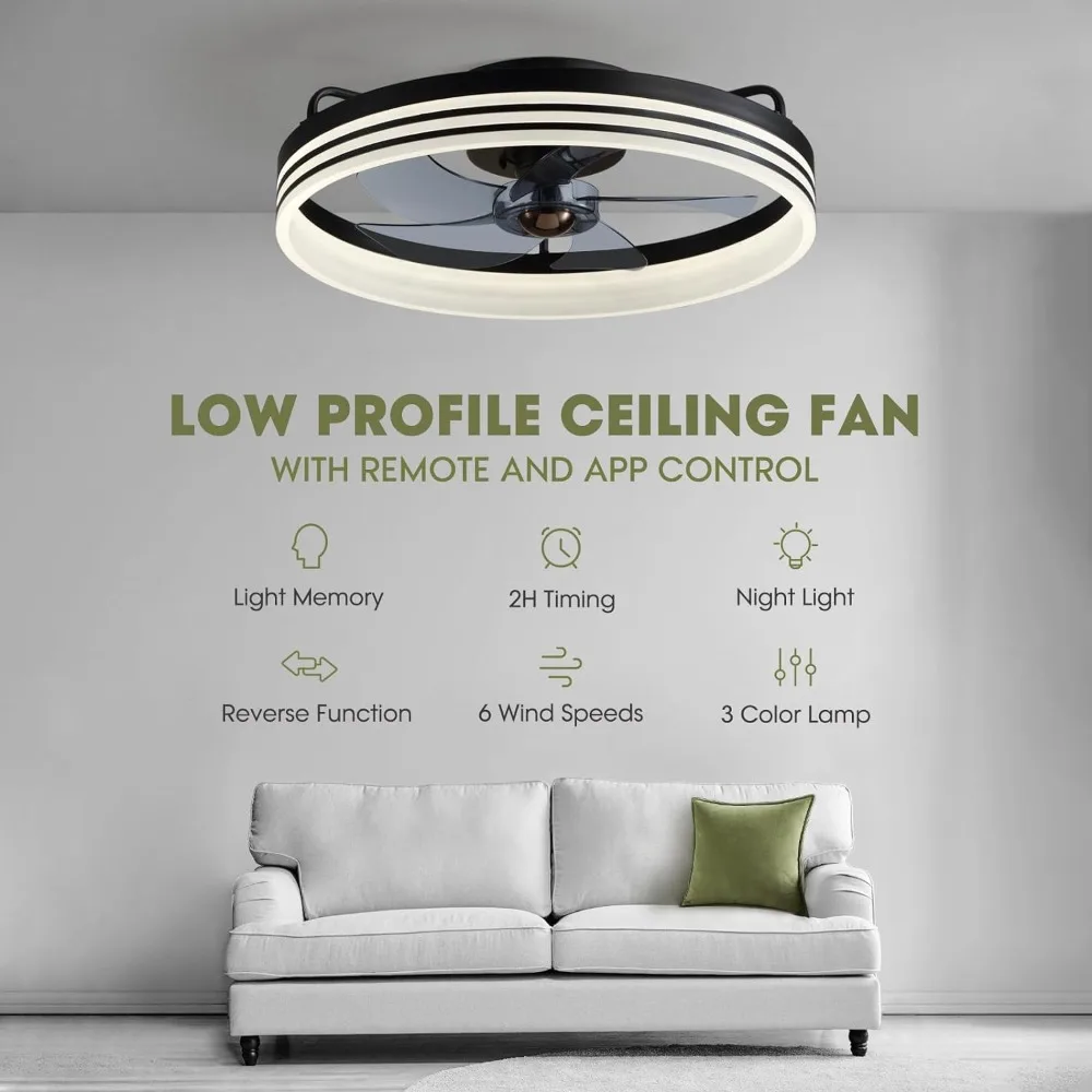 Ceiling Fans, with Lights, Flush Mount Ceiling Fan with Lights and Remote, 6 Wind Speeds Smart Low Profile, Ceiling Fan