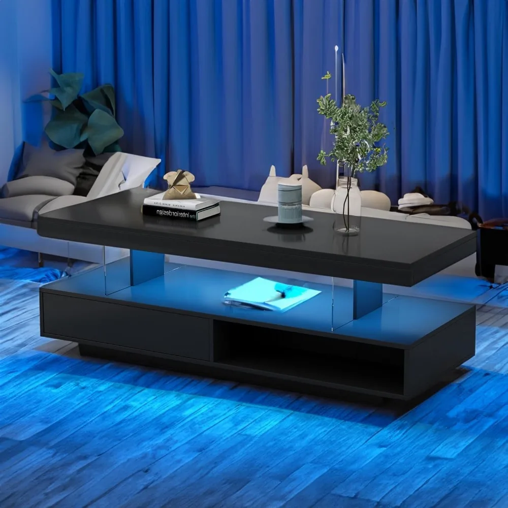 

LED Coffee Table with Storage, High Glossy LED Coffee Tables for Living Room, Center Table with Open Display Shelf & Sliding