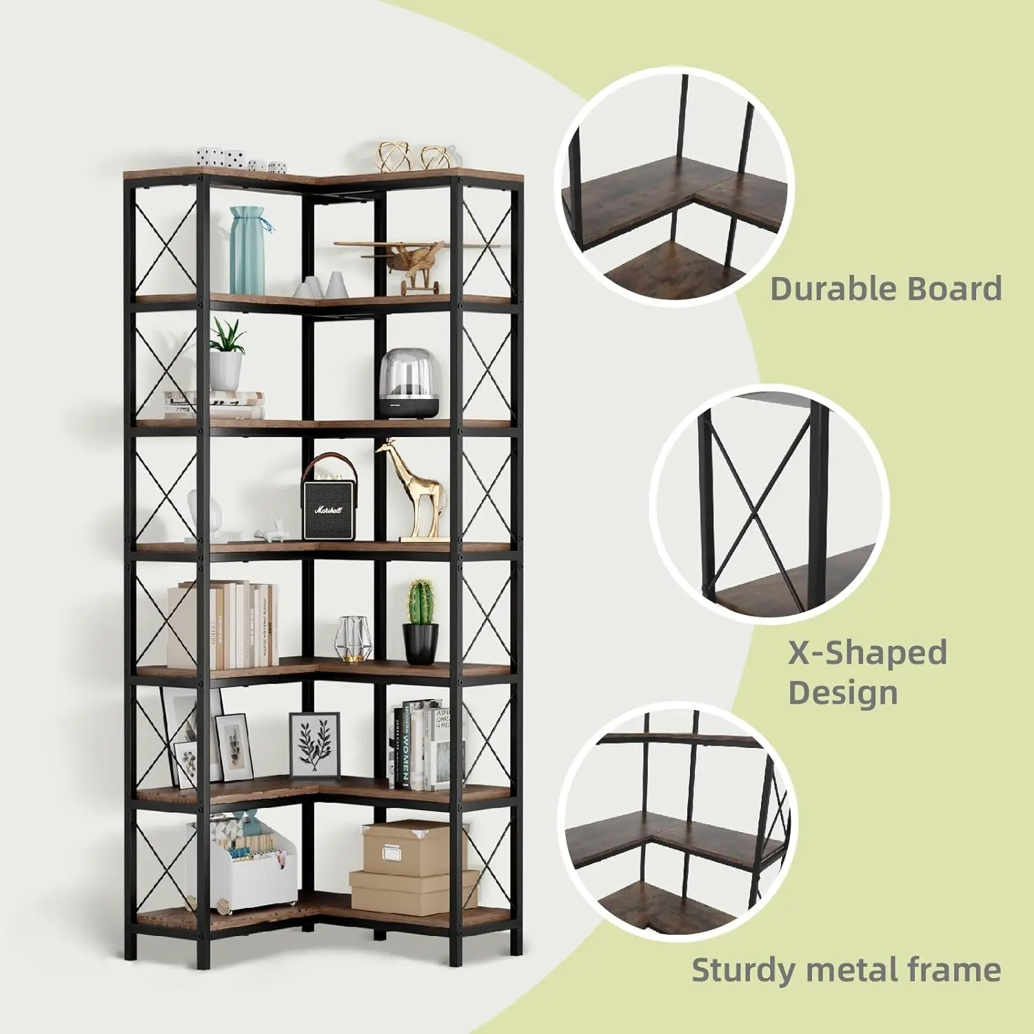 رف كتب زاوية من 7 طبقات مع أضواء LED، رف تخزين عالي الزاوية مقاس 78.7 بوصة لغرفة المعيشة وغرفة الدراسة، ألوان ملتهبة #5