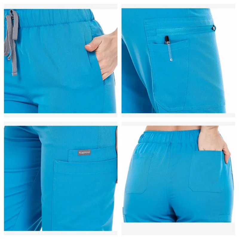 Top de trabalho médico enfermeira uniforme bottoms simples mais bolsos dental esfrega calças spa enfermagem esfrega ternos médico unisex conjunto de 3 peças