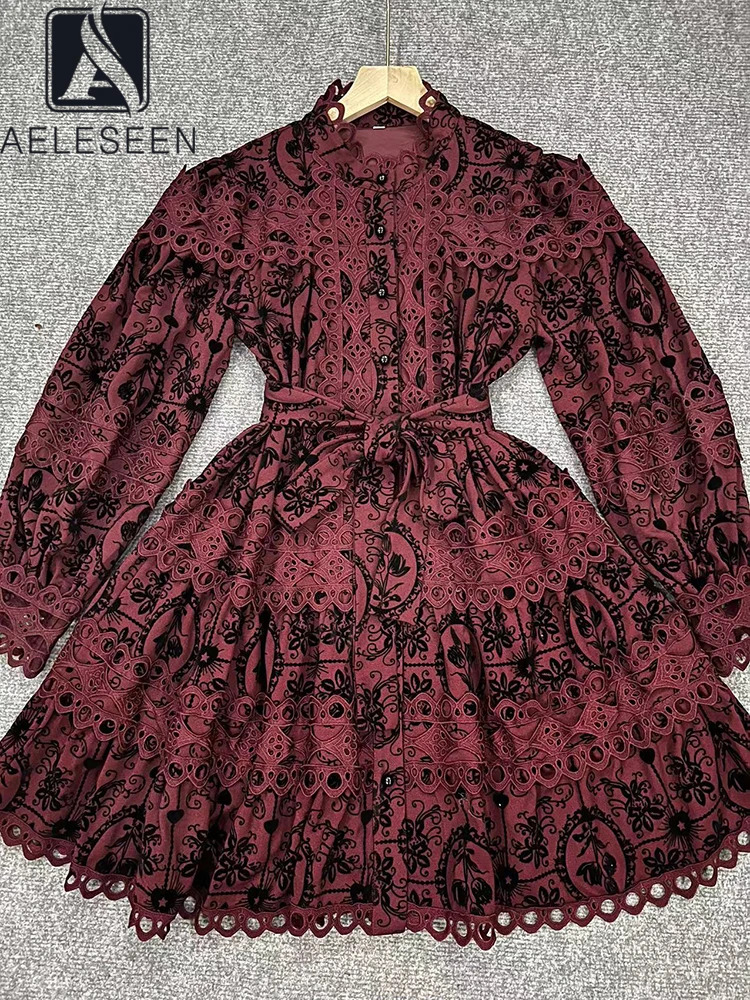 

AELESEEN Vintage Causal Mini Dress Women Lantern Sleeve Hollow Out Flower Print Belt Single-breasted Loose Holiday Vacation