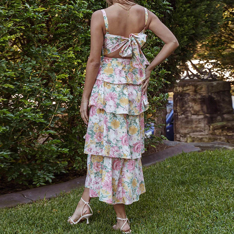 Maemukilabeผู้หญิงBohoดอกไม้MaxiชุดY2kสปาเก็ตตี้Backless RuffleฉัตรFlowyฤดูร้อนBeach Sundress