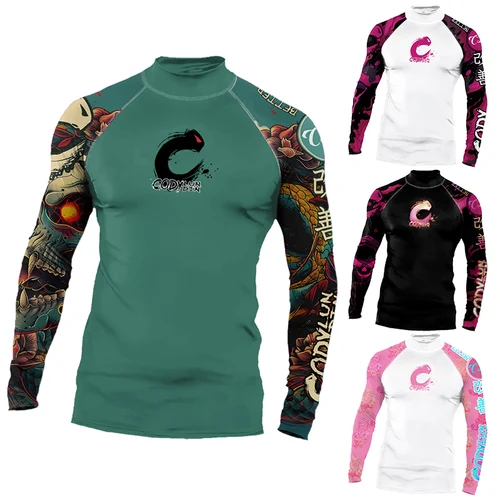 Noticias, escalada en la playa, protección contra sarpullidos de Surf para hombres, manga larga UPF 50+, protección solar, camiseta de natación de secado rápido, camiseta de compresión de cuello alto