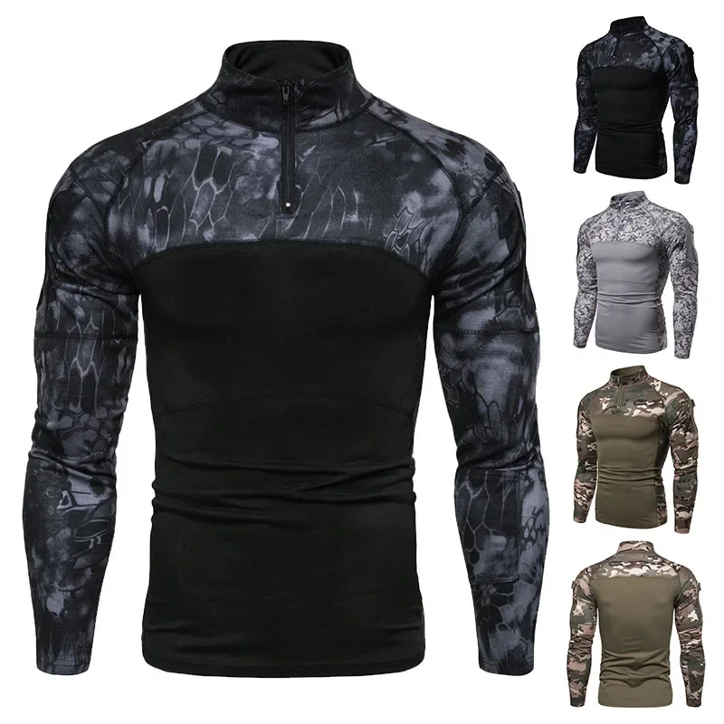 Long Sleeve Camouflage Polo Shirt Elastic Slim Fit Casual Stand Collar Cotton Autumn Youth Tactical T-shirt