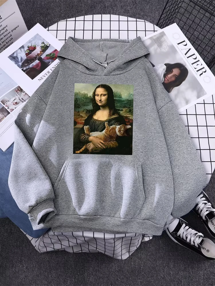 Hoodie Mona Lisa And Cat Hoodies For Women Harajuku Aesthetic Fall  Womens Clothing Oversized Oversized Sweatshirt Female