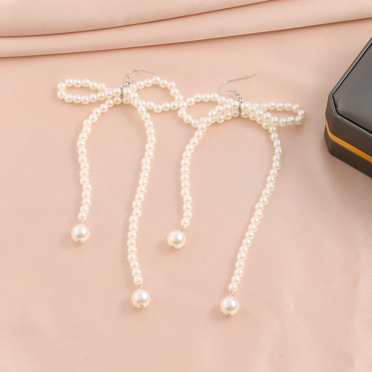 PuRui Trendy White Imitation Pearl Weave Bowknot Pendant Earrings for Women Handmade Beaded Drop Earrings Jewelry Party Gifts