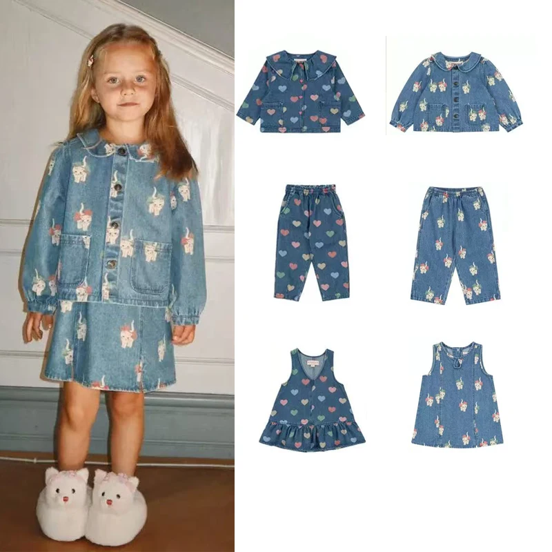 

Sweet Denim Set Spring 2026 Girls' Denim Coat & Trousers Cotton Collar with New Heart Print Girls' Strap Dress Children's Wear