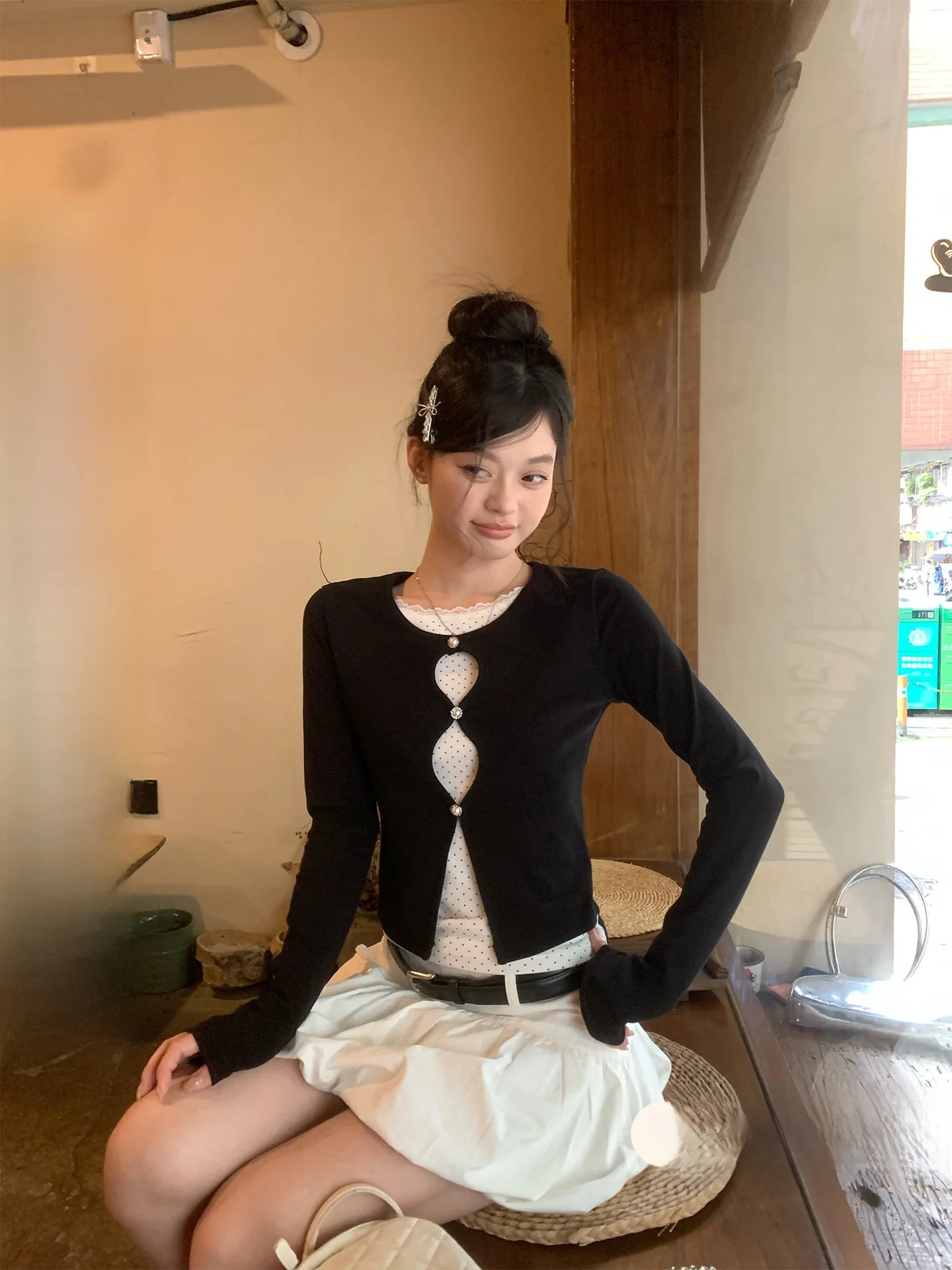Black Polka Dot Two Piece Illusion Shoulder Long Sleeve Women's T-Shirt Korean Style Slim Fit Base Shirt Top for Commuting