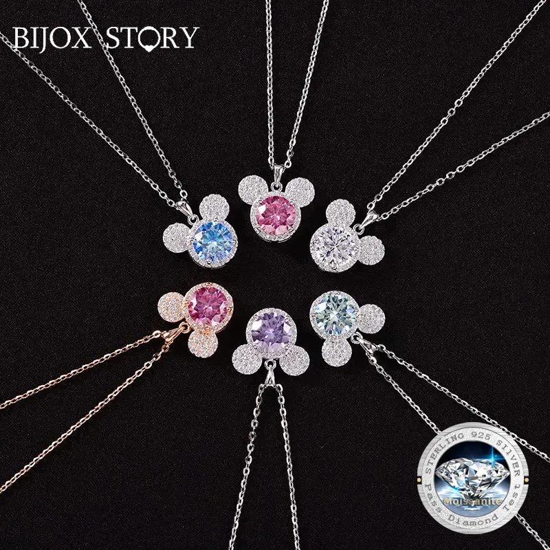 BIJOX STORY 925 Sterling Silver 1 Carat Moissanite Necklace Women's Fashion  Mouse Head Shaped Pendant Neck Jewelry For Party
