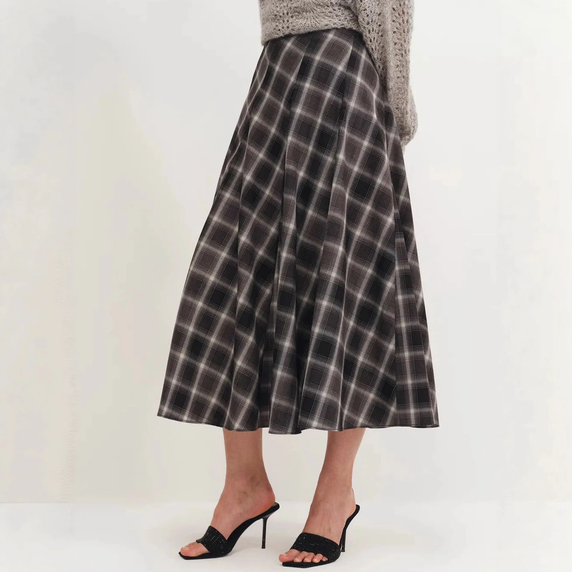 Outono inverno nova lã xadrez estilo retro saia longa feminina 2025 cintura cinching emagrecimento a linha grande balanço metade do corpo saias