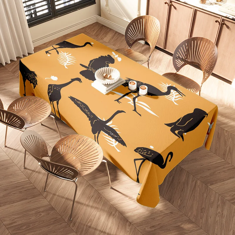 Modern Nordic Style Tablecloth Cute Animal Print for Dining Room Decoration – Bright Yellow with Black Birds Design”
