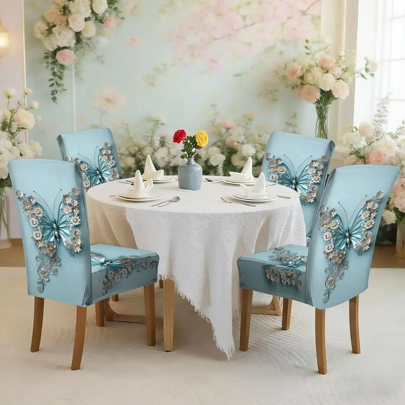

Набор чехлов для обеденных стульев с плоским принтом и эластичной резинкой, синий фон, декоративный узор с бабочками, легко устанавливается, можно стирать, чехол для стула.