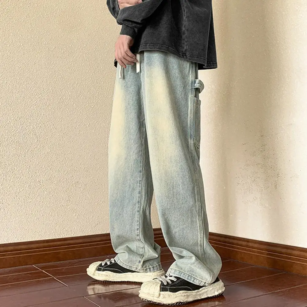 Men Straight-legged Jeans Men's Summer Denim Cargo Jeans with Drawstring Waist Multiple Pockets Stylish Wide Leg for A