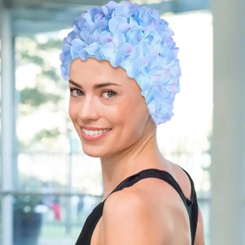 Gorro de baño con flores 3D para mujer, gorro de baño transpirable hecho a mano, capucha de buceo de pelo largo suave, protección para los oídos, accesorios para piscina