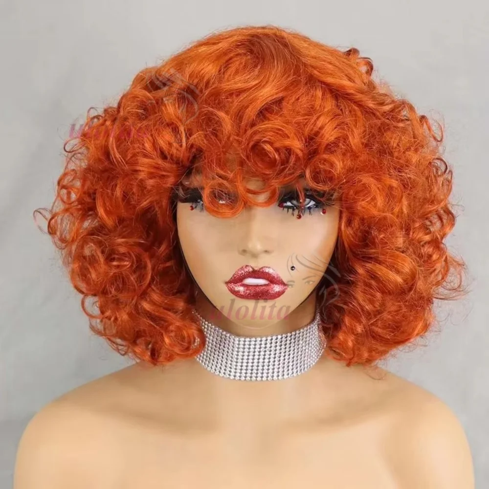 99J Burgunder Fumi Lockige Bob-Perücke, Federnde Pixie-Cut-Perücke mit Highlights, Vollmaschinell Gefertigte Eierlocken, Lockige Echthaar-Perücken für Frauen mit Pony – Detail 7