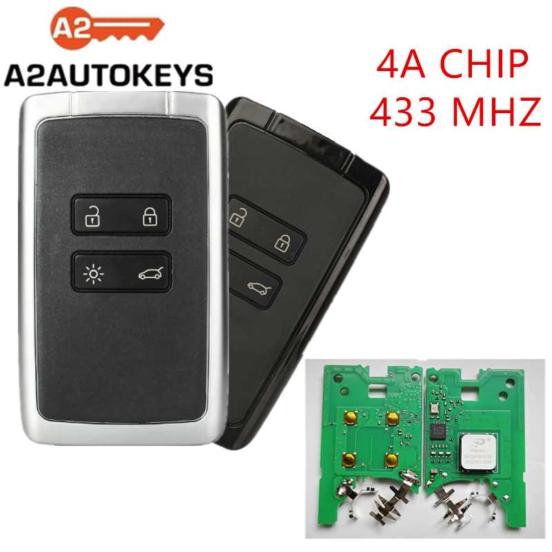 A2AUTOKEYS 4 Buttons 4A 433MHZ Promixity Replace Smart Control Card Car Remote Key For Renault  Megane4 Talisman Espace 5 Kadjar