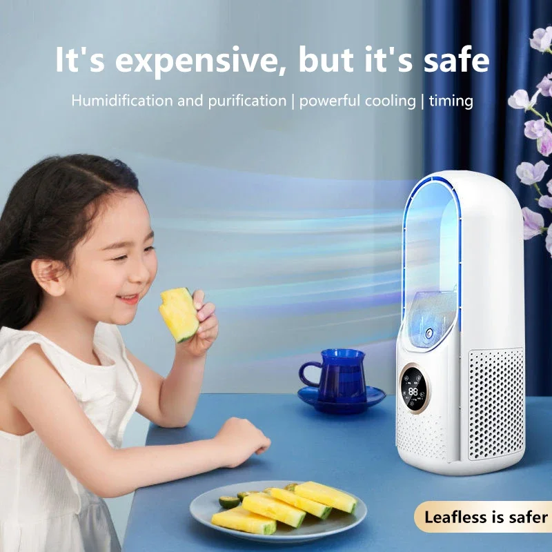 Portable Bladeless Desk Fan USB Air Cooler 6 Speed Quiet Timer LED Display Humidifying Night Light For Home Office Bedroom