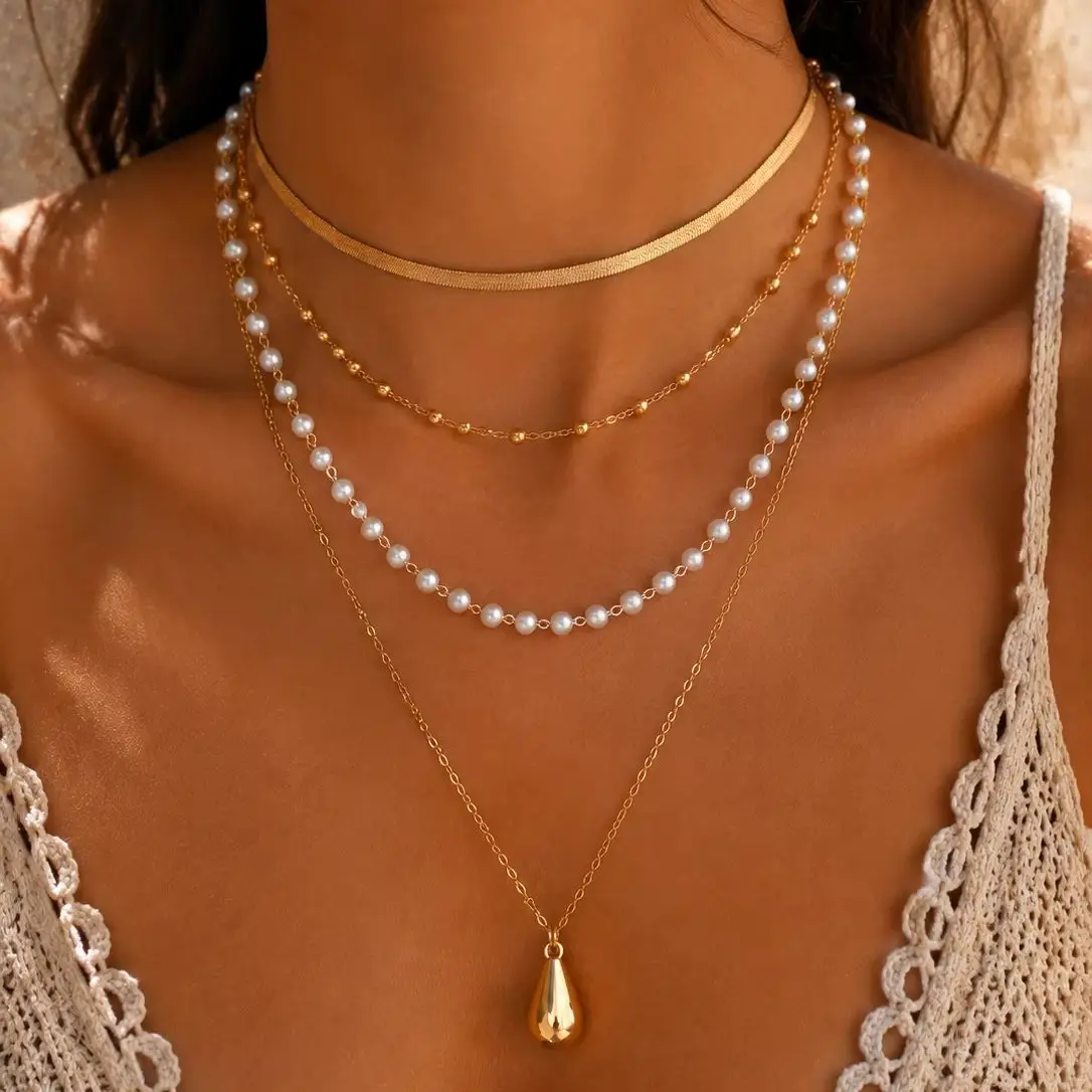 Gold‑Tone 4‑Tier Layered Necklace Herringbone Chain Imitation Pearl Water‑drop Pendant Adjustable Women Elegant Neck Jewelry