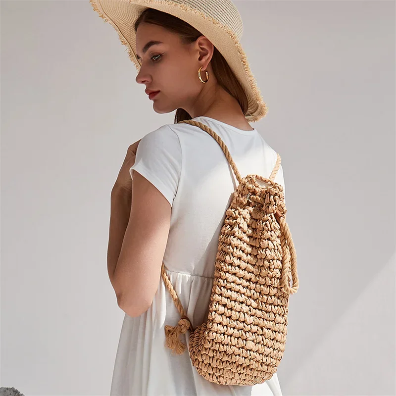 Women Summer Casual Straw Backpacks Handmade Drawstring Beach Shoulder Bags Ladies Raffia Rattan Woven Travel Handbags 2024