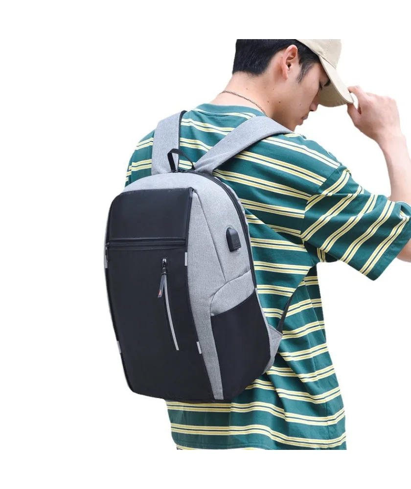 

Blue black color block business laptop backpack with anti theft zipper pocket reflective strip built in USB port for office