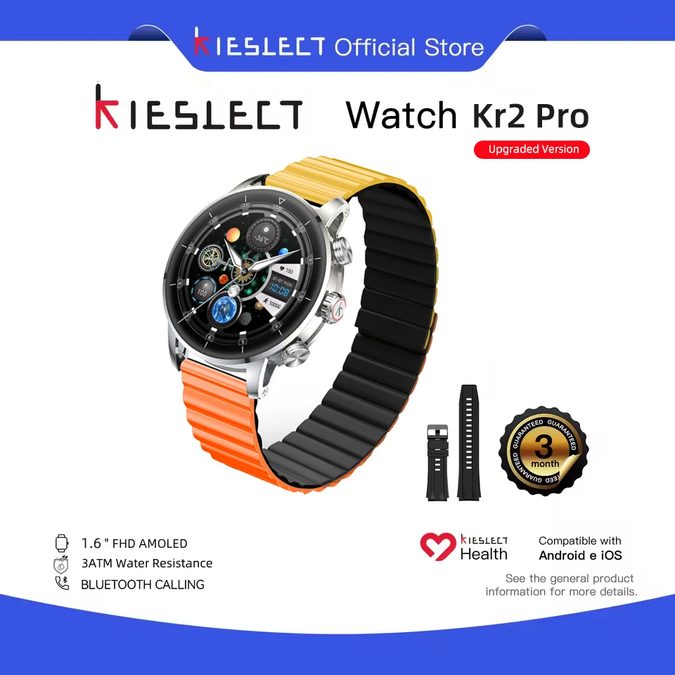 Montre connectée Kieslect Kr2 pro 3ATM avec écran AMOLED FHD de 1,6 pouces, AOD, processeur double cœur, triple vitesse, GPU 2.5D, appels super dynamiques
