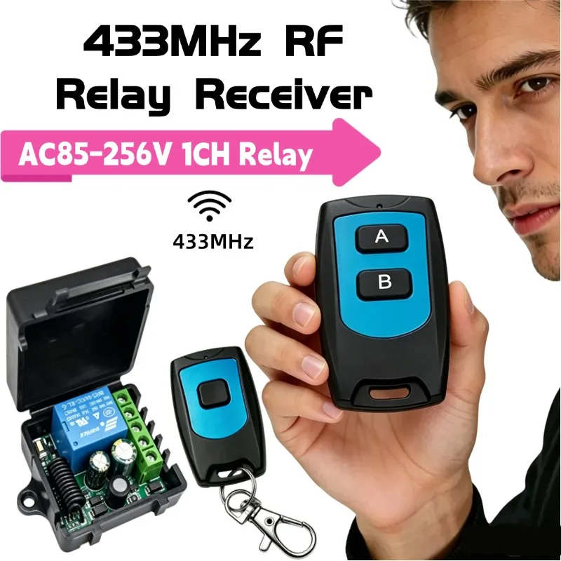 AC85-256V Single Channel 433MHz RF Relay Receiver With AB Key Remote Transmitter For Home Light & Garage Door Opener Control
