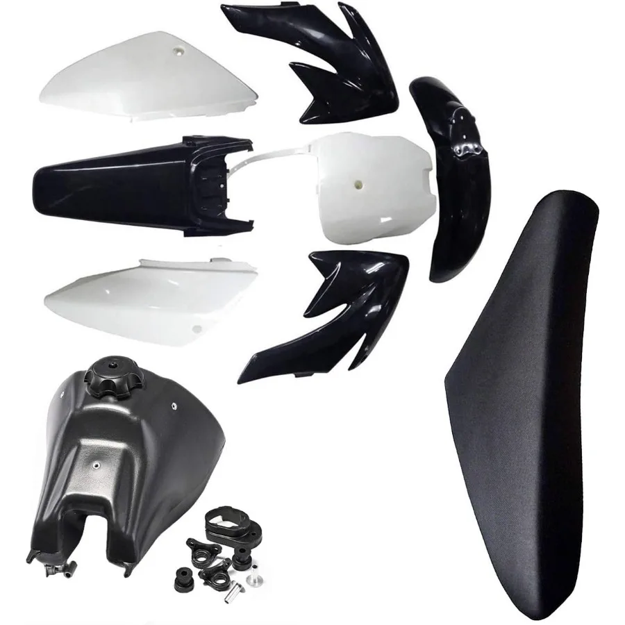 Kit de carenado de plástico para tanque de combustible, piezas de guardabarros, asiento para CRF70 CRF 70 Dirt Pit Bike con diseño de 4 componentes negros y 3 blancos