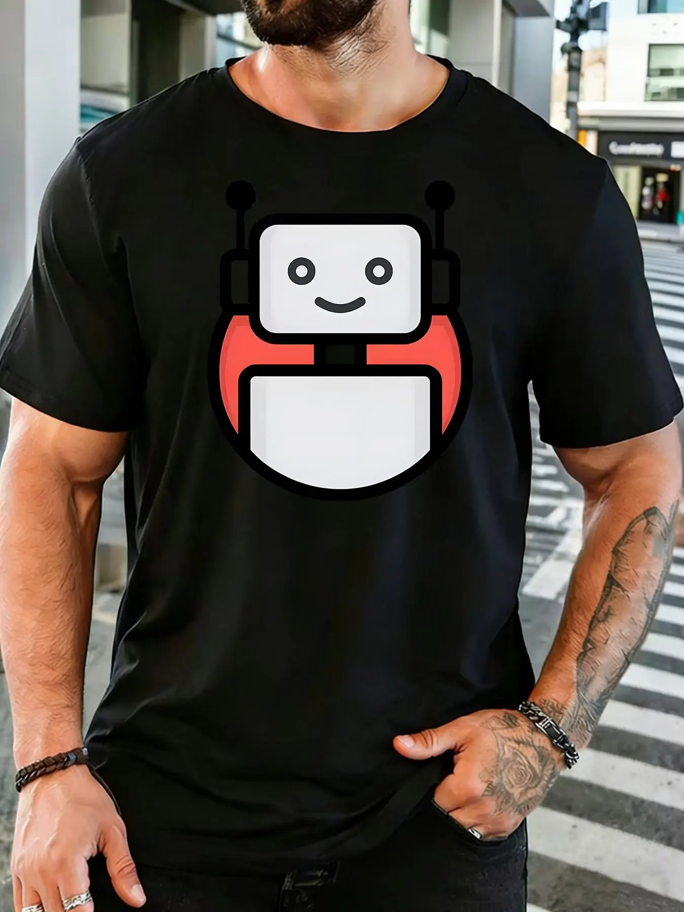 Men Royal Blue Crew Neck Tee Cute Smiling Cartoon Robot Ladybug Hybrid Minimal Simple Bug Bot Graphic Soft Cotton Casual Top