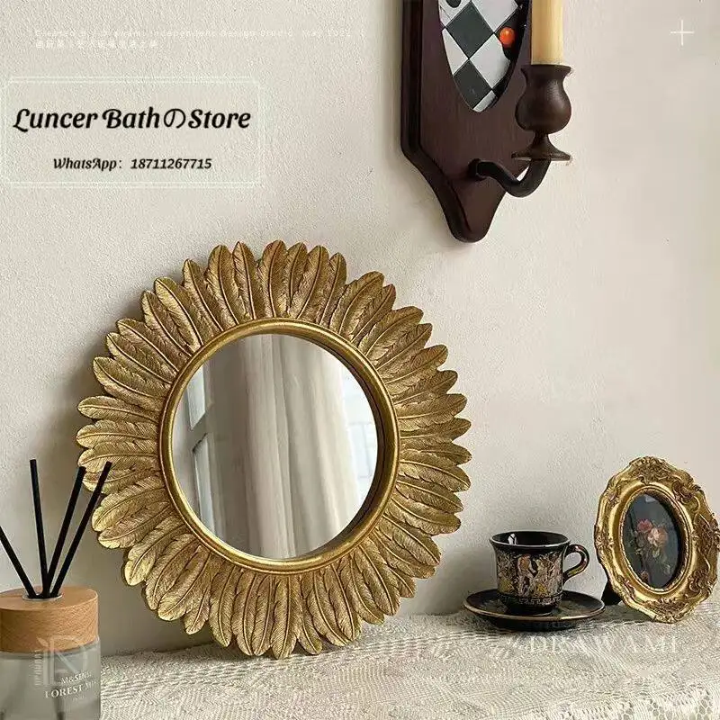 Sun Feather Mirror American Dresser Makeup Mirror Baroque Round Mirror French Vintage Wall Hanging
