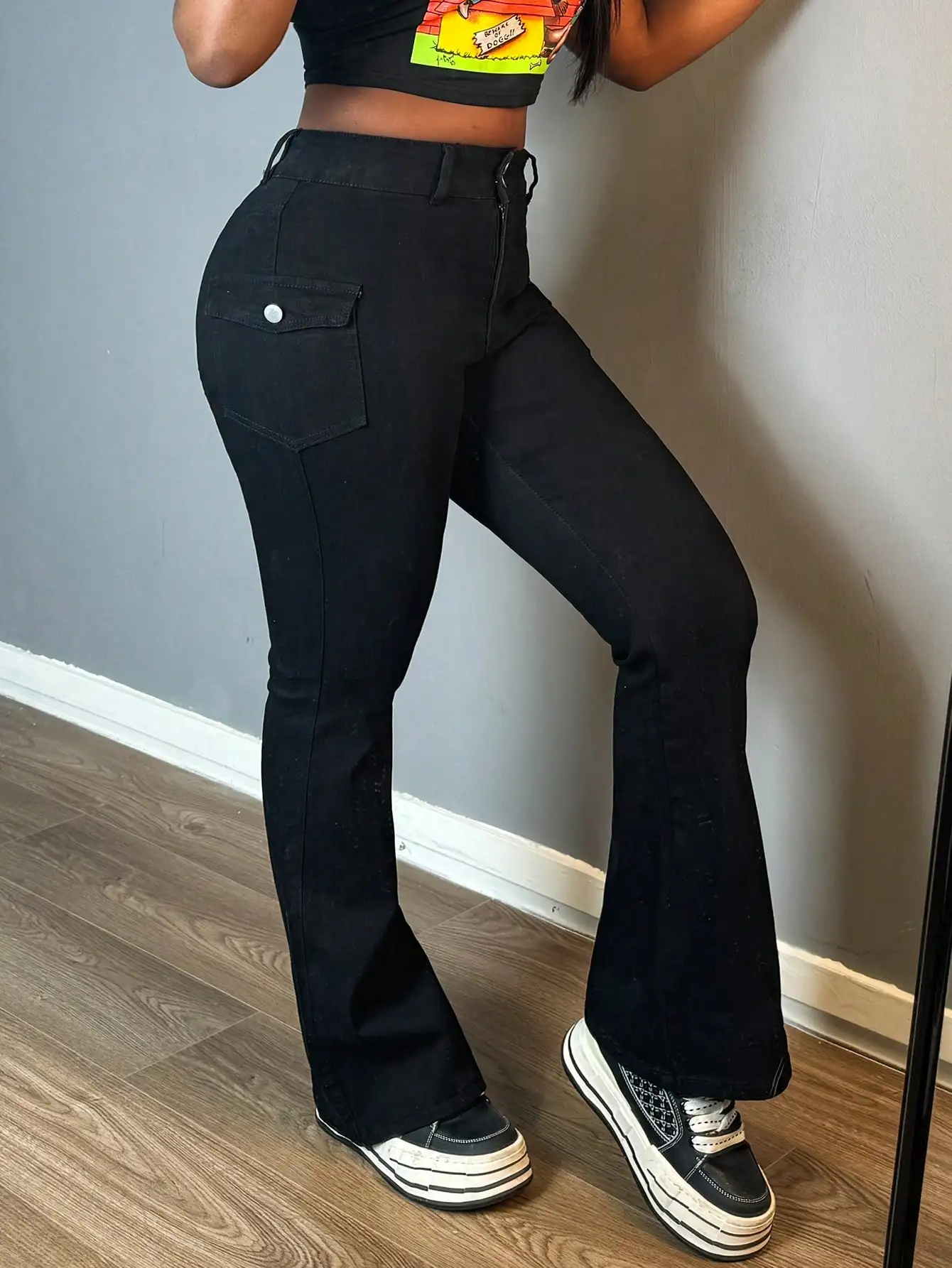 Women's High Waisted Flare Jeans 2025 Trendy Cargo Pocket Button  Front Stretch Denim Full  Length Pants