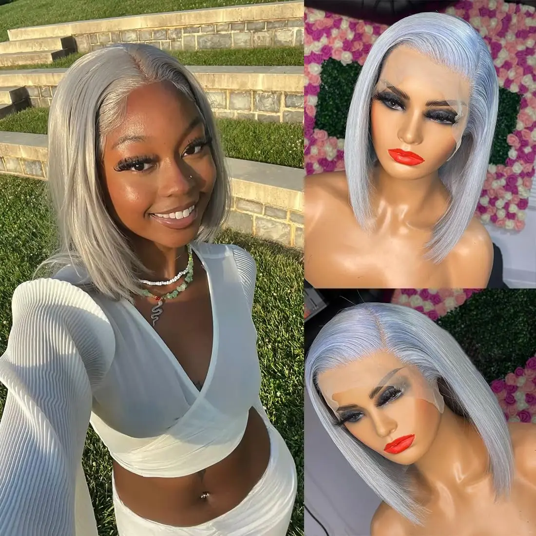 

13x4 Silver Grey Short Bob Lace Front Wig 180% Frontal Lace Human Hair Bob Wig Halloween Cosplay Transparent Lace Wigs For Women