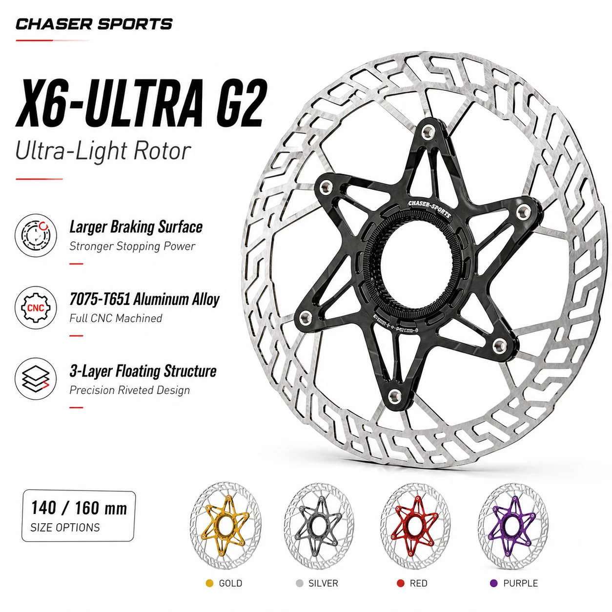 Chaser 89g G2 Ultralight Center Lock Disc Brake 6-ULTRA Discs Road Bike Gravel Disc Brake Disc 160/140mm Without Locking Cover