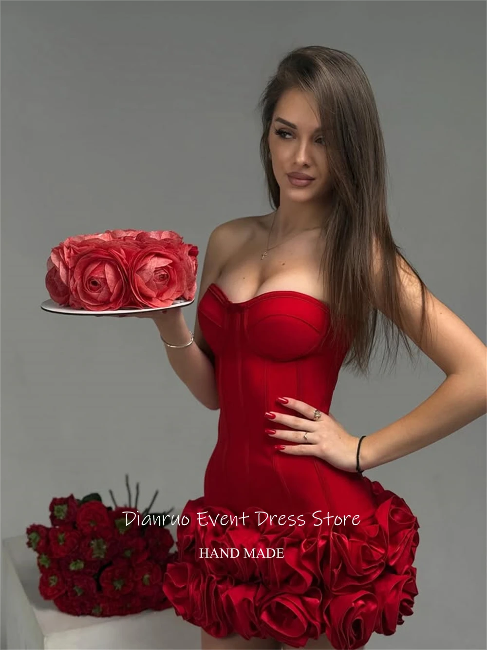 Dianruo Sleeveless Satin Prom Dress Above Knee A Line Birthday Dress Handmade 3D Florals Formal Homecoming Dresses Customized