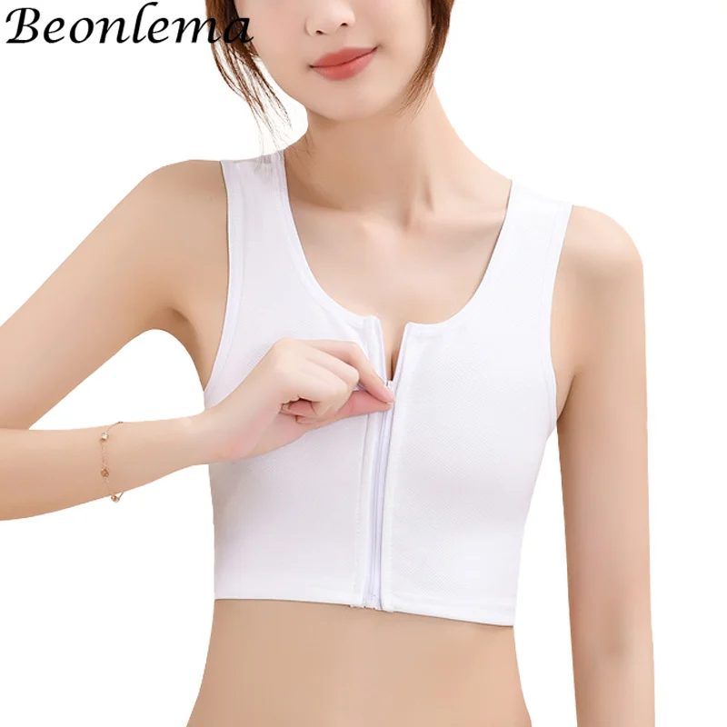 Beonlema Womens Binder Chest Front Zipper Flat Breast Mesh Thin Seamless Shapewear Breathable Quick Drying Sports Bra Tank