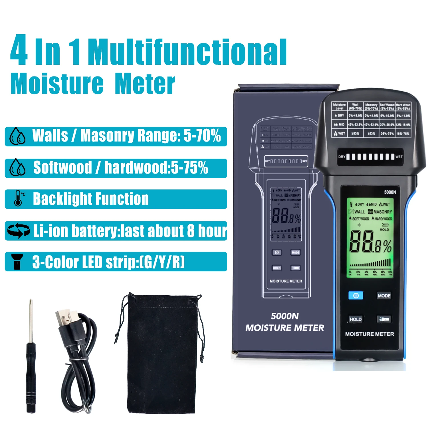 Masonry Humidity Detector,Wall Moisture Meter, 4 Modes Wood Drywall Moisture Tester with LED Bar Graph for Woodworkers