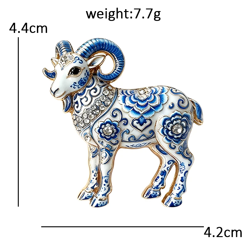 Wuli&baby Ziegenbroschen im blau-weißen Porzellandesign für Damen und Herren, Tierbroschen für das Jahr des Schafs, Partybroschen, Neujahrsgeschenke – Detail 2