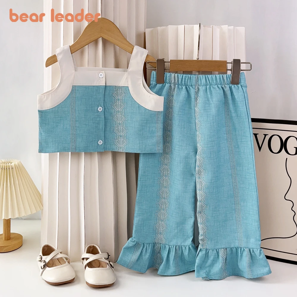 Bear Leader Summer 3-7 Y Fashionable Girl Blue Single Breasted Camisole Top+pants Two-piece Set Children's Casual Clothing