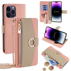 Crossbody Leather Phone Case for IPhone 15 for iphone 15 Pro Max Wallet Flip Case Cover with Metal Chain and make up Mirror