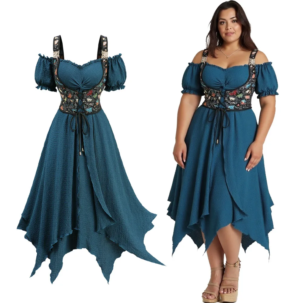 ROSEGAL Plus Size Casual Diepgroene Jurk Vrouwen Koude Schouder Pofmouwen Geborduurd Lace Up Corset Getextureerde 2-in-1 Jurken
